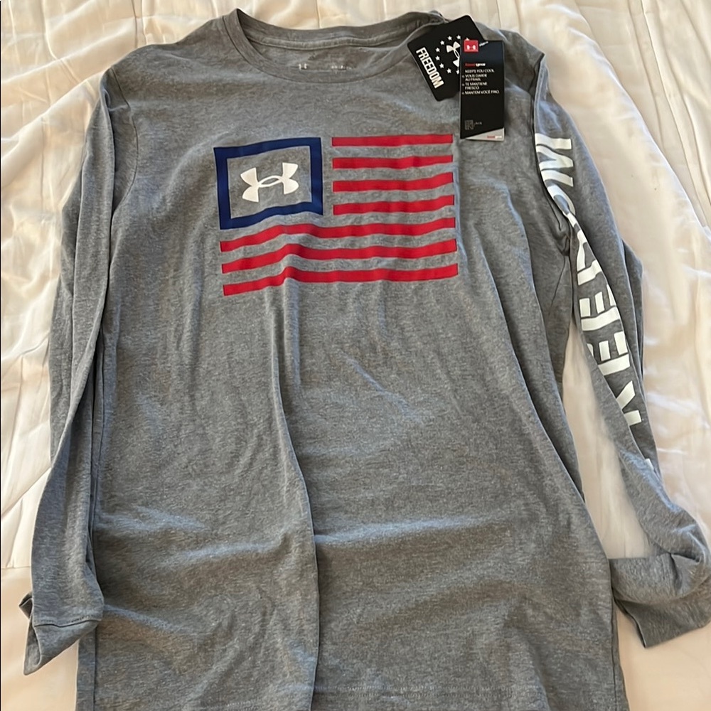 Under Armour Gray Long Sleeve with Red and Blue Flag